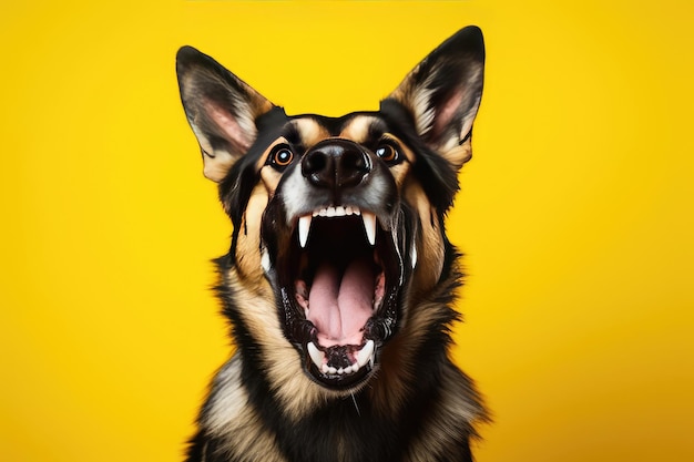 黄色い背景の怒った犬の口を開けたドイツ・シェパード犬