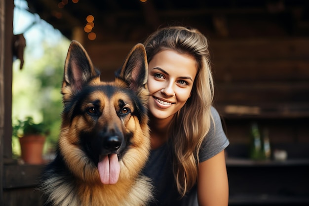 German Shepherd and her owner posing in a cozy home environment