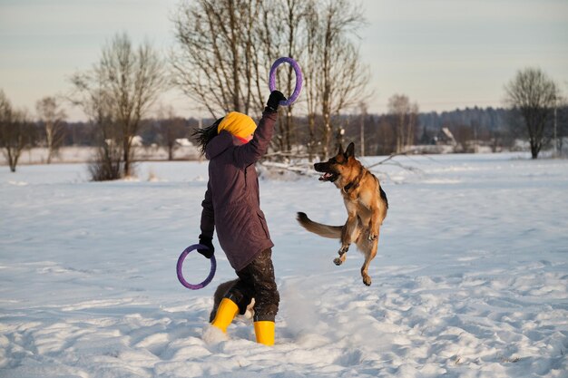 German Shepherd jumps high in snow in hope of getting blue ring toy Active games outside