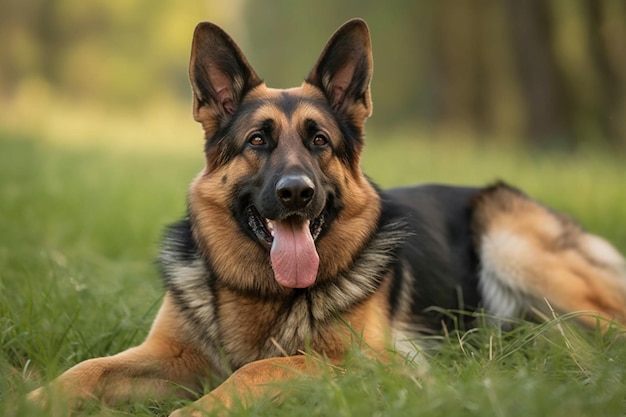 German shepherd laying on the grass and breathing with its tongue out