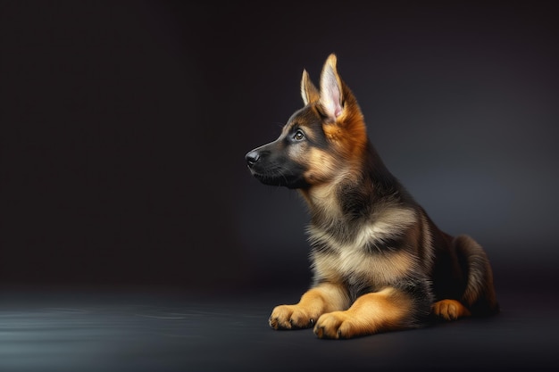 暗い背景のドイツ・シェパード犬の子犬