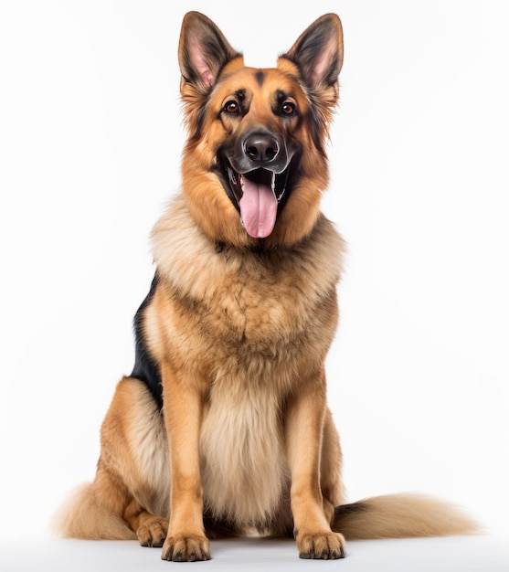 A german shepherd sits on a white background