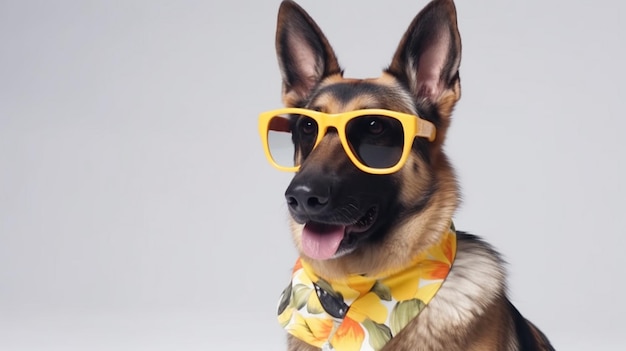 A german shepherd wearing sunglasses and a yellow scarf.