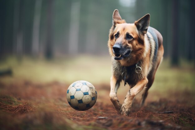 German shepherd with a ball in a forest clearing