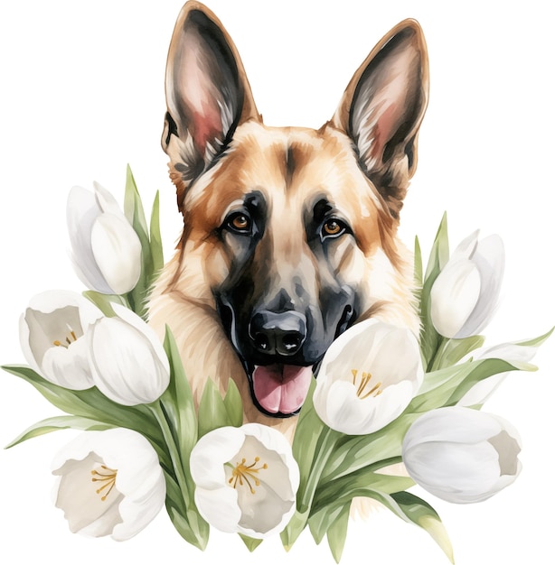 German shepherd with flowers illustration