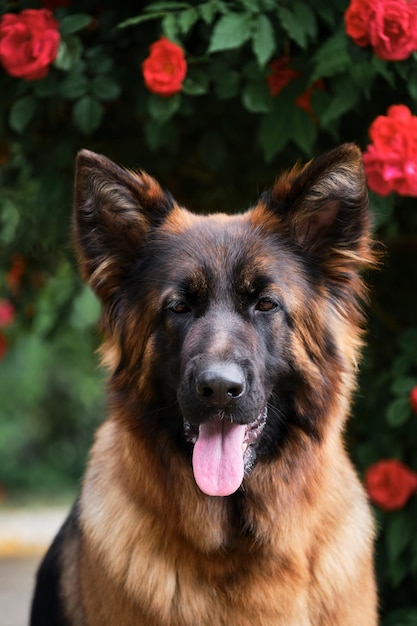 German Shepherd with flowers in spring in park