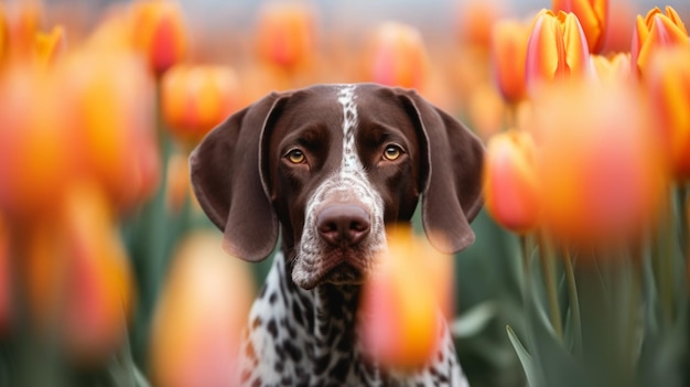 A german shorthaired pointer sits among tulips in a field.