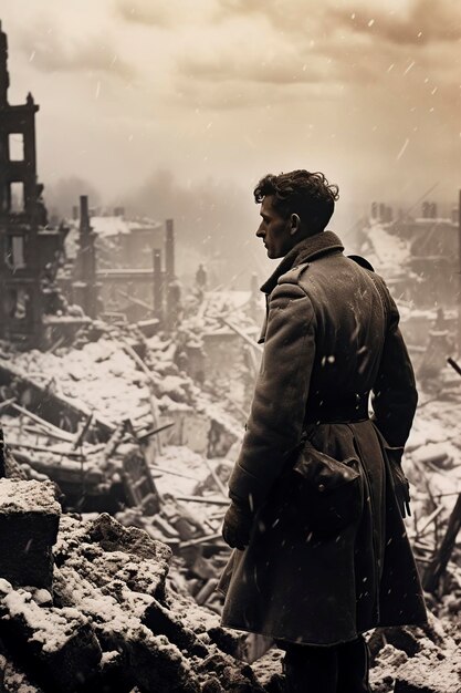 German soldier in uniform among the rubble and destruction of war