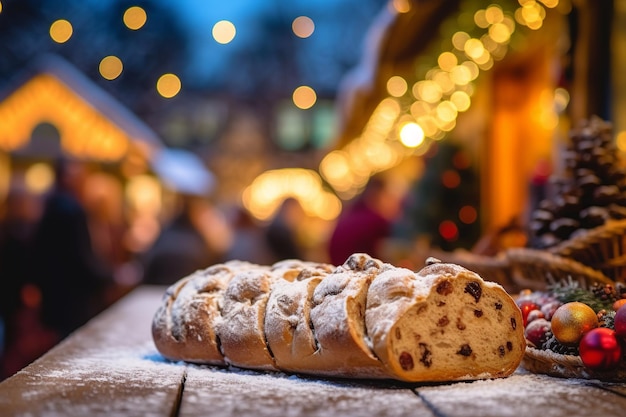A German Stollen fruit bread with a cheerful Christmas market softly out of focus in the background