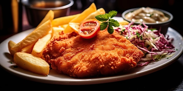 German tradition meal food schnitzel and fried potato fries and salad on plate view