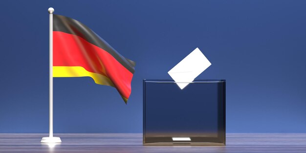 Germany election 2021 Envelope on ballot box slot vote to elect the members of the Bundestag Glass voting container and German national flag 3d illustration