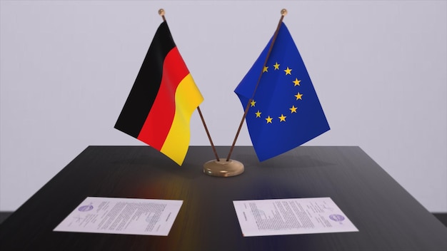Germany and EU flag on table Politics deal or business agreement with country 3D illustration