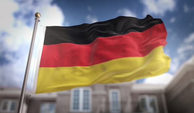 Germany Flag 3D Rendering on Blue Sky Building Background 