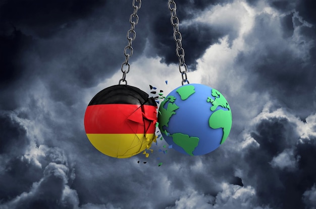 Germany flag ball smashing into planet earth global impact and disaster concept d render