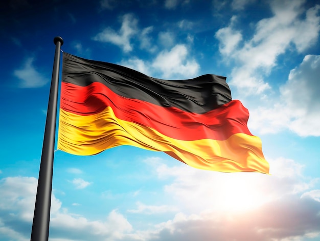Фото Флаг германии развевается в голубом небе с солнечными лучами 3d иллюстрация