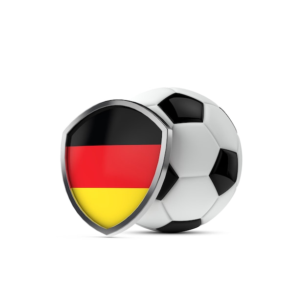 サッカーボール3Dレンダリングとドイツの国旗の盾