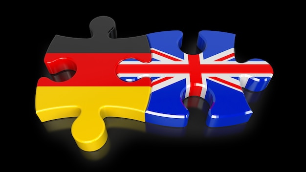 Germany and United Kingdom flags on puzzle pieces. Political relationship concept. 3D rendering