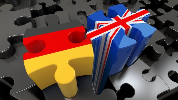 Germany and United Kingdom flags on puzzle pieces. Political relationship concept. 3D rendering