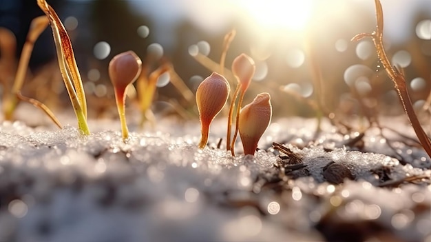Foto germinazione di semi di verdure sulla terra sotto la neve in inverno