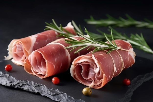 Gerold gesneden jamon delicatesse vlees Verse Spaanse voedselkok Genereer Ai