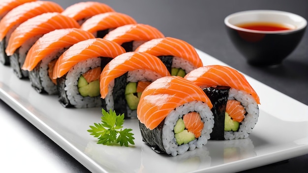 gerolde sushi zalm nigiri geïsoleerd op witte achtergrond