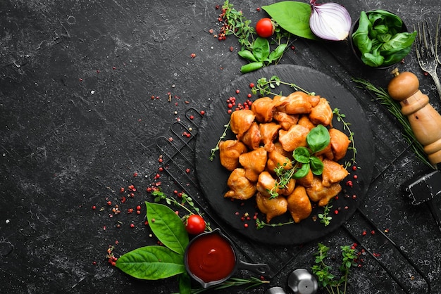 Gerookte kippenstaarten Barbecue Snacks voor bier Bovenaanzicht Rustieke stijl