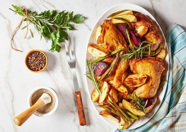 Geroosterde aardappel, rode biet, sperziebonen en kippenpoten geserveerd op een witte ovale plaat op een marmeren tafel met kruiden en rozemarijn, horizontaal uitzicht van bovenaf, plat gelegd