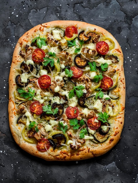 Geroosterde groenten vegetarisch flatbread op een donkere achtergrond bovenaanzicht Bloemkool aubergine tomaat courgette vegetarische pizza