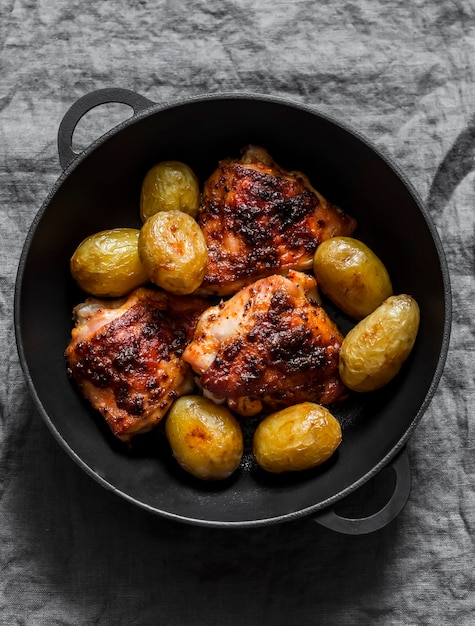 Geroosterde harissa kip en nieuwe aardappelen in een gietijzeren koekenpan op een donkere achtergrond bovenaanzicht