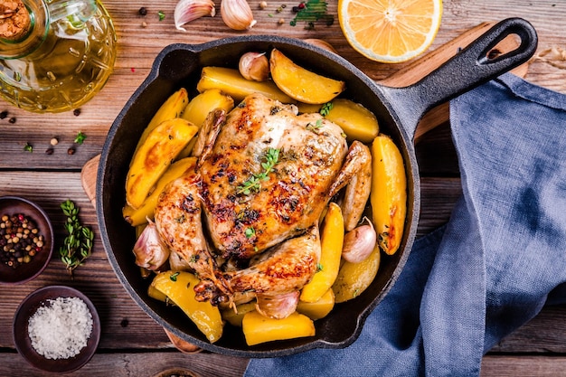 Geroosterde hele kip met aardappelen en tijm in een koekepan van gietijzer