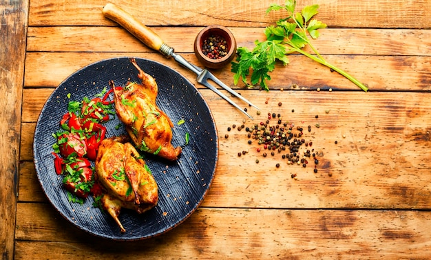 Geroosterde hele kwartel en groentesalade op rustieke houten tafel. Ruimte voor tekst