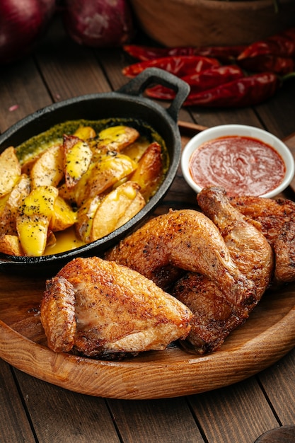 Geroosterde kip met aardappelen en rode saus