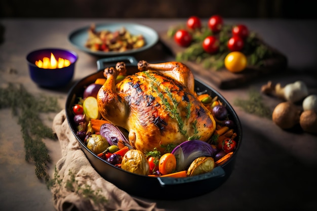 Geroosterde kip met assortiment groenten Kip uit de oven Rustiek eten Huisgemaakt eten Generatieve AIxA