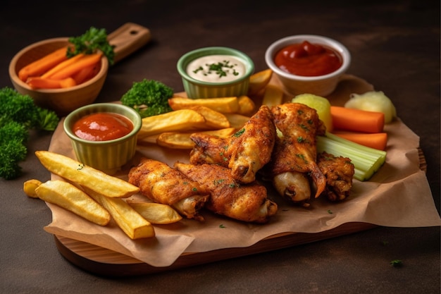 Geroosterde kippenvleugels en frites geserveerd op een houten plank AI Generative