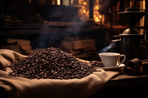 Geroosterde koffiebonen op de tafel na het roosteren van Colombiaanse koffie