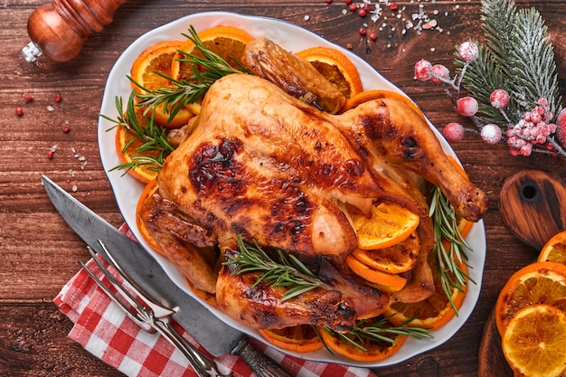 Geroosterde of gebakken hele kip met rozemarijn en sinaasappels, zelfgemaakt voor het traditionele familiediner van Kerstmis op een oude houten rustieke tafel. Bovenaanzicht met kopie ruimte.