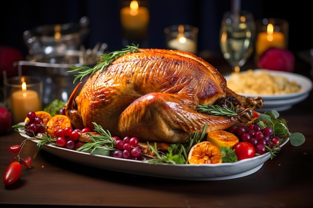 Geroosterde Thanksgiving-kalkoen op een serveerschaal met kleurrijke herfstdecoraties