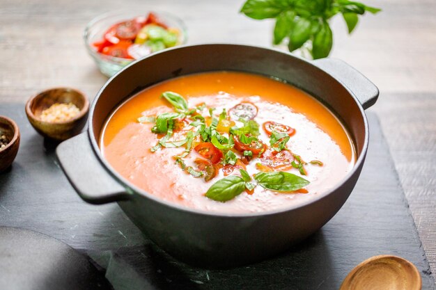 Geroosterde tomatensoep in gietijzeren kookpot.