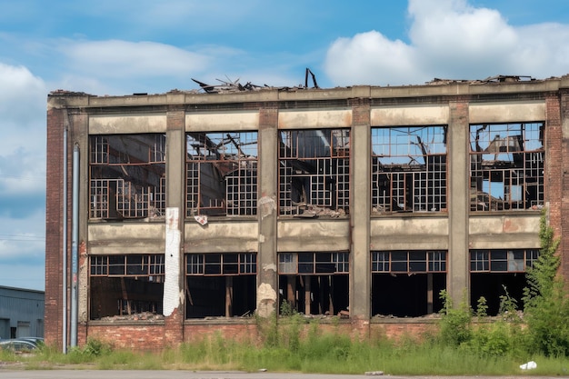 Geruïneerd industrieel gebouw met kapotte ramen en ontbrekende daklatten