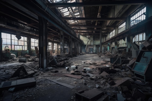 Geruïneerde fabriek met kapotte ramen en puin verspreid over de vloer