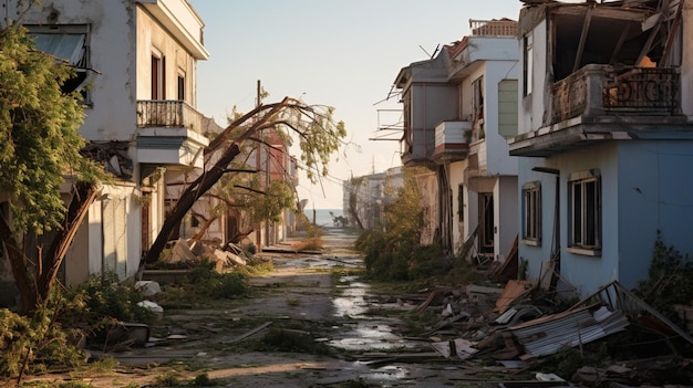 Geruïneerde huizen en bomen na nasleep orkaan