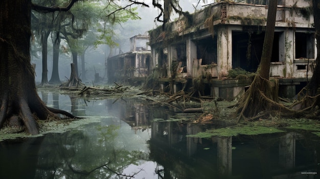 Geruïneerde huizen in overstroomd bos daarna