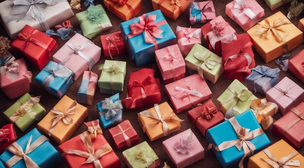 Foto geschenk dozen en decoraties op abstracte achtergrond verkoop geschenken achtergrond gekleurde geschenken behang