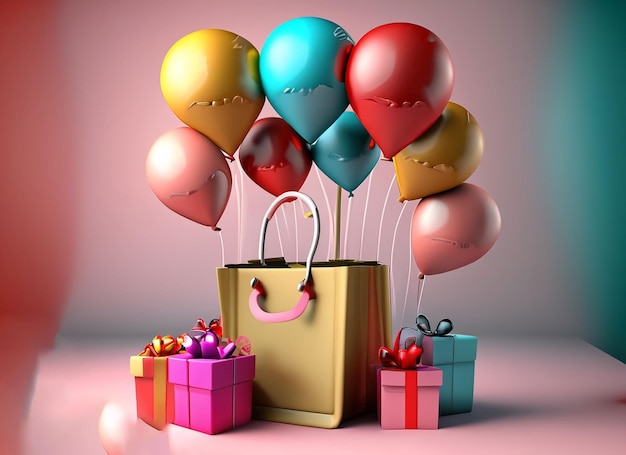 Foto geschenk met ballonnen verrassing winkelen thema 3d rendering