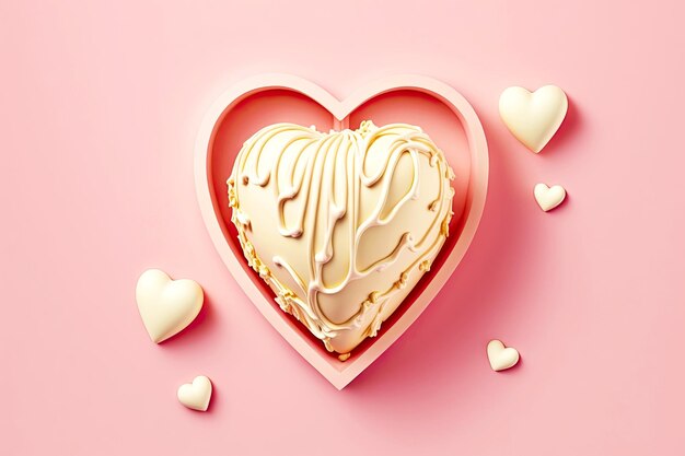 Geschenk romantische date witte chocolade hart op roze achtergrond gemaakt met generatieve ai