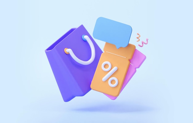 Geschenkcoupons voor de verkoop met paarse boodschappen tas en toespraak bubbels voor prijzen
