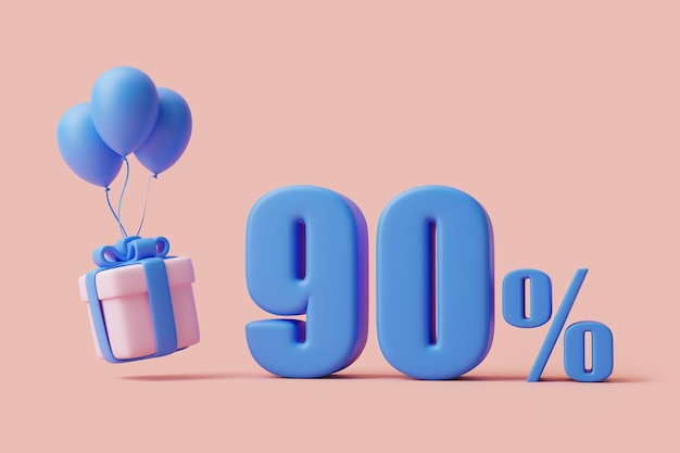 Geschenkdoos ballonnen en negentig procent teken op pastel roze achtergrond Vakantie decoratie 3D render