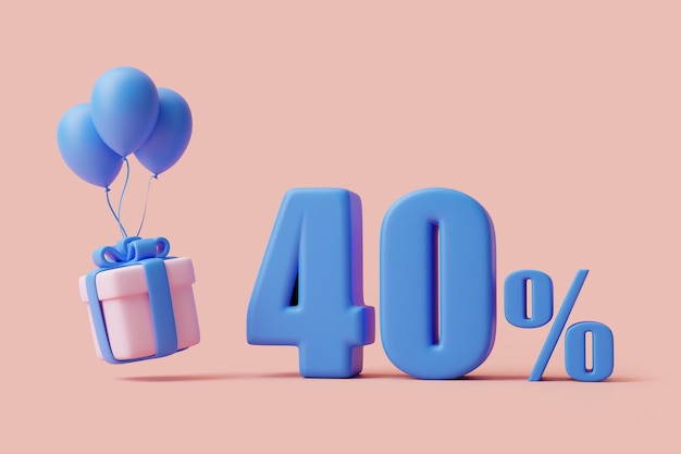 Geschenkdoos ballonnen en veertig procent teken op pastel roze achtergrond Vakantie decoratie 3D render