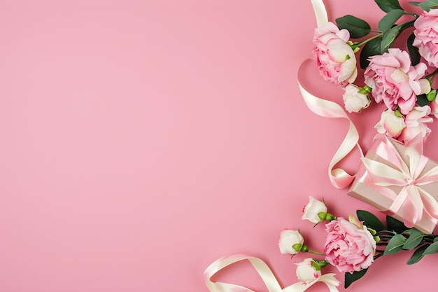 Geschenkdoos en bloemen op een lichte achtergrond Geschenk voor Valentijnsdag Moedersdag en Vrouwendag