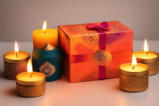 Geschenkdoos en kaarsen op een witte achtergrond 3D-weergave